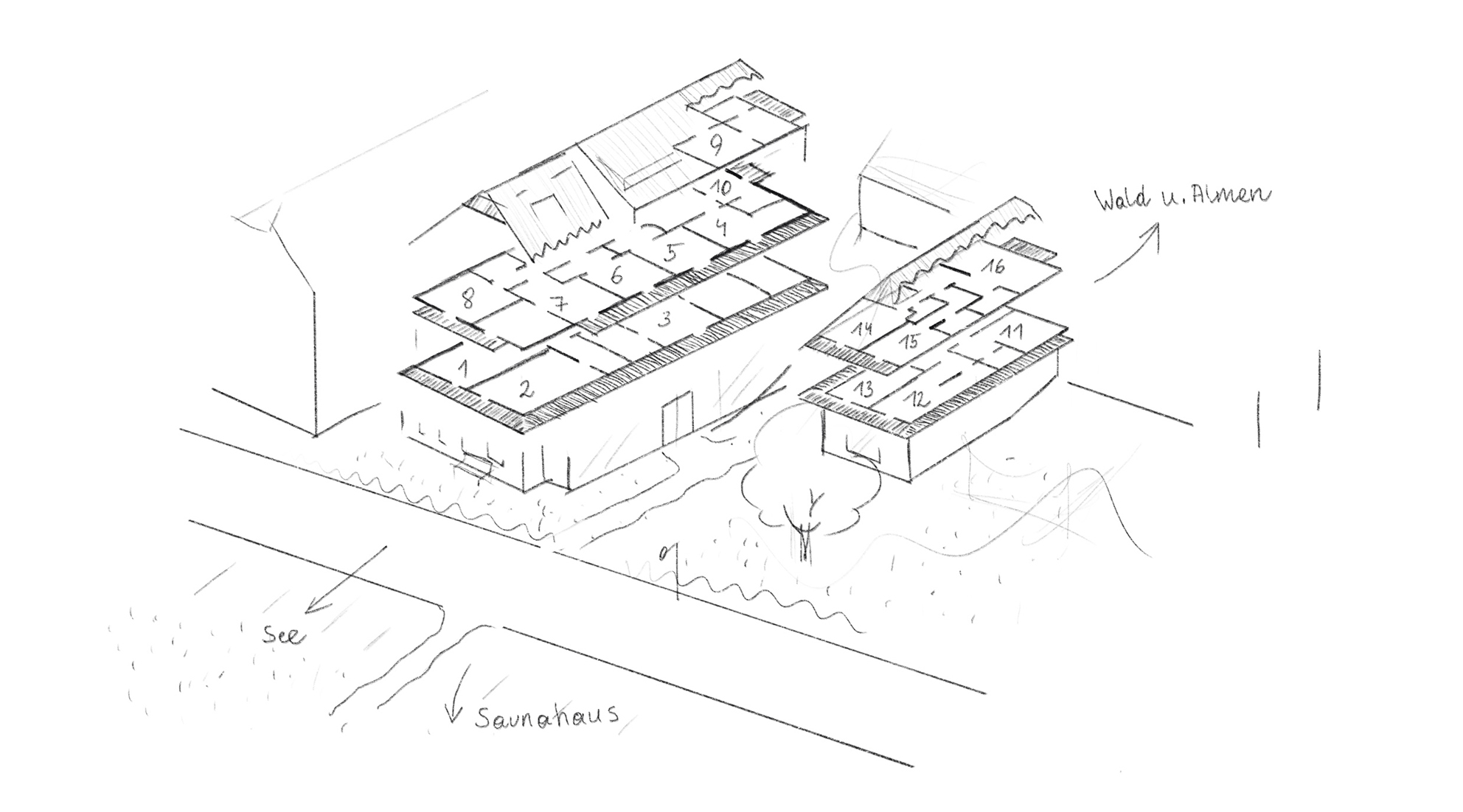 Lage der Zimmer im Gralhof Haupthaus und im Blockhaus